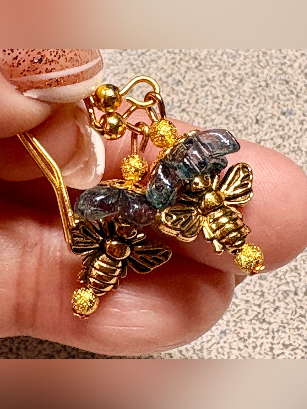 Hand Crafted blue/Bee Dangle Earrings - Silver Tone